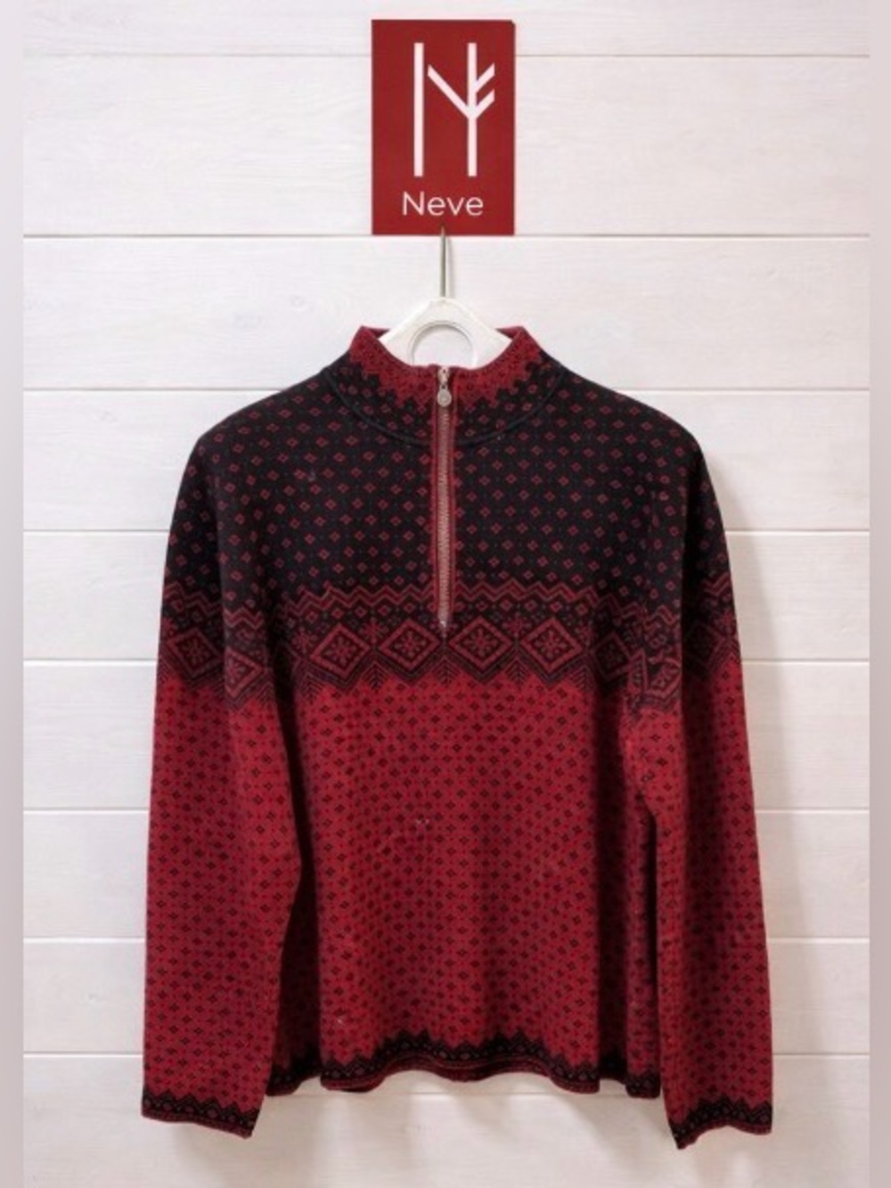 NEVE DESIGNS – Red & Black Wool Half-Zip Sweater – Size M
